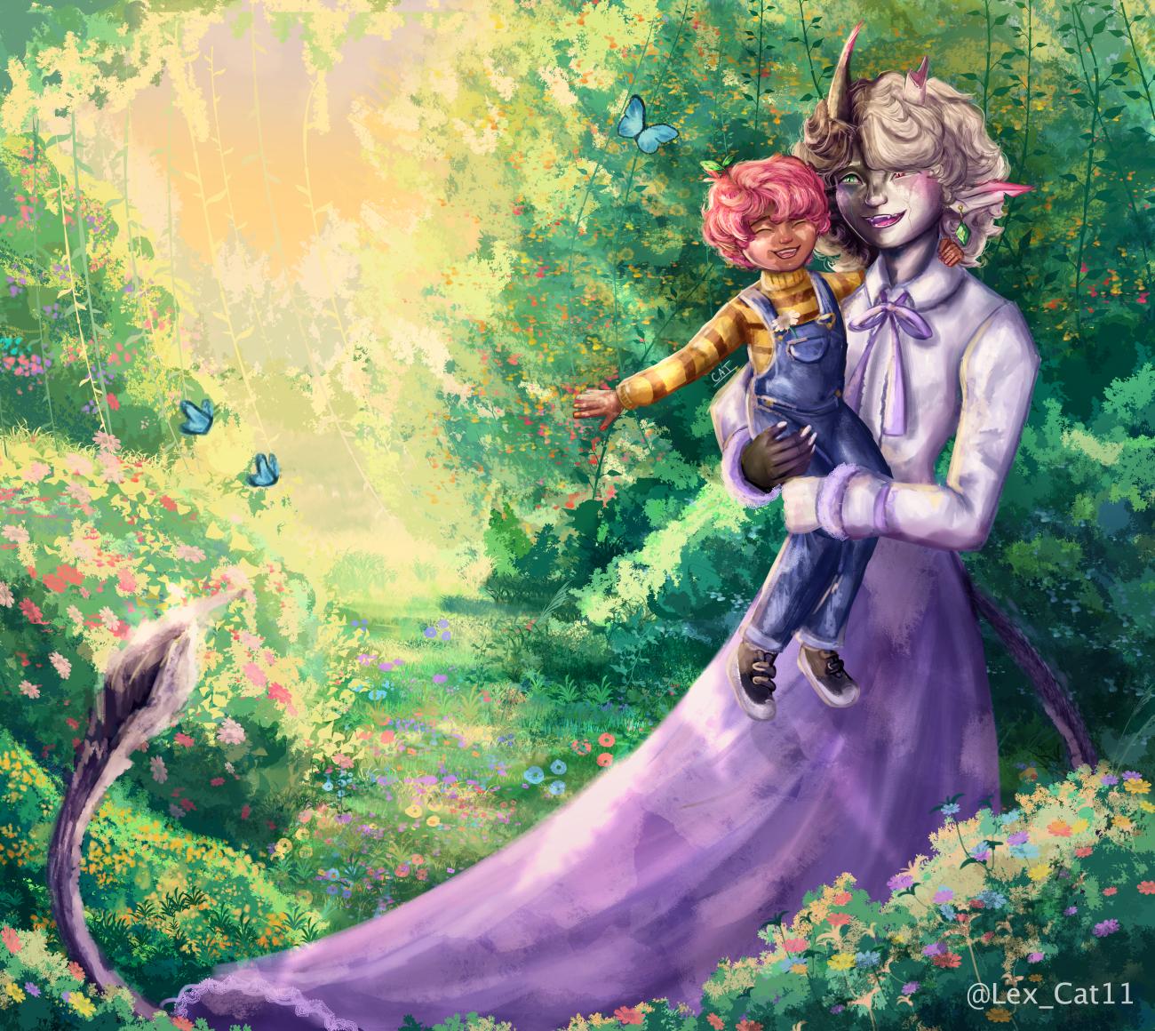 Illustrated image featuring two characters. The background is a sunlit setting of green foliage dotted in various vibrant flowers. A pathway opens up to a sunny area in the background and a large bunch of foliage sits behind the two characters. One figure is a cheerful fantasy-appearing creature. They have half gray, half white skin and matching curly hair as well a horns. There is a green earring on one of their pointed elf-like ears, and they wear a white long-sleeved top with a lilac ribbon. A long skirt matches the ribbon and curves out with the illusion of motion. A cat-like tail follows the curve. In the first figure's arm is a child with tan, brown skin and patches of vitilligo on his hands and face. He is smiling happily with his eyes closed. He has pink hair, a small sprout growing out of his hair, and wears blue ovealls over a yellow and brown striped sweater. He wears black sneakers. Three blue butterflies fly around the scene.